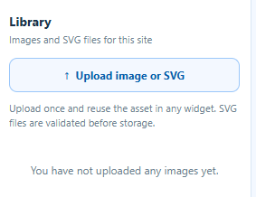 Sitioo Library panel with an Upload image or SVG button and a note explaining that uploaded assets can be reused.
