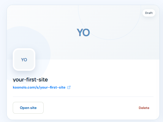 Sitioo site card for a draft store with the store address and an Open site button.