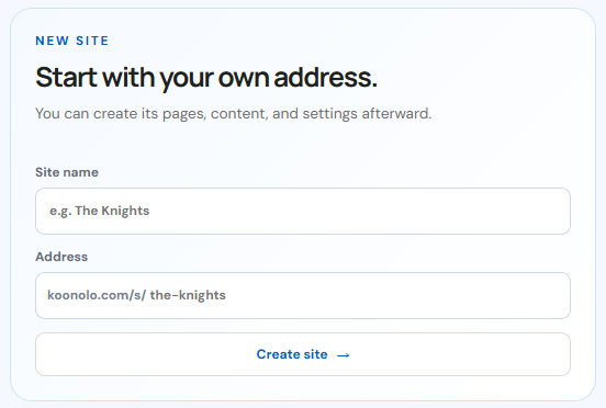 Sitioo new site form with fields for site name and store address plus a Create site button.