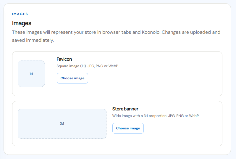 Sitioo Images section with upload controls for a square favicon and a wide 3 to 1 store banner.
