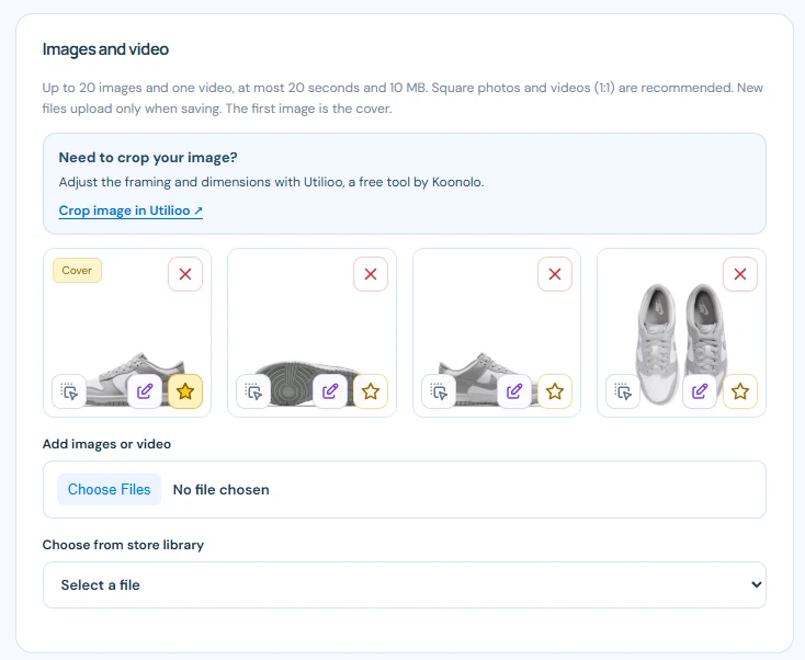 Sitioo Images and video section with multiple product photos, cover indicator, upload control and store library selector.