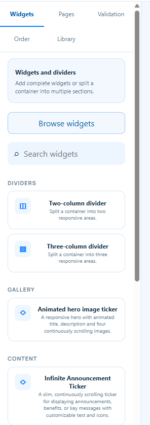 Sitioo Widgets panel showing two-column and three-column dividers plus available gallery and content widgets.