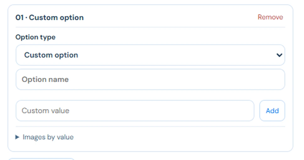 Sitioo custom product option card with option type, option name, custom value field and Add button.