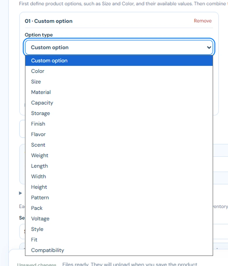 Sitioo option type dropdown listing Custom option, Color, Size, Material, Capacity, Storage, Finish, Flavor, Scent, Weight, Length, Width, Height, Pattern, Pack, Voltage, Style, Fit and Compatibility.