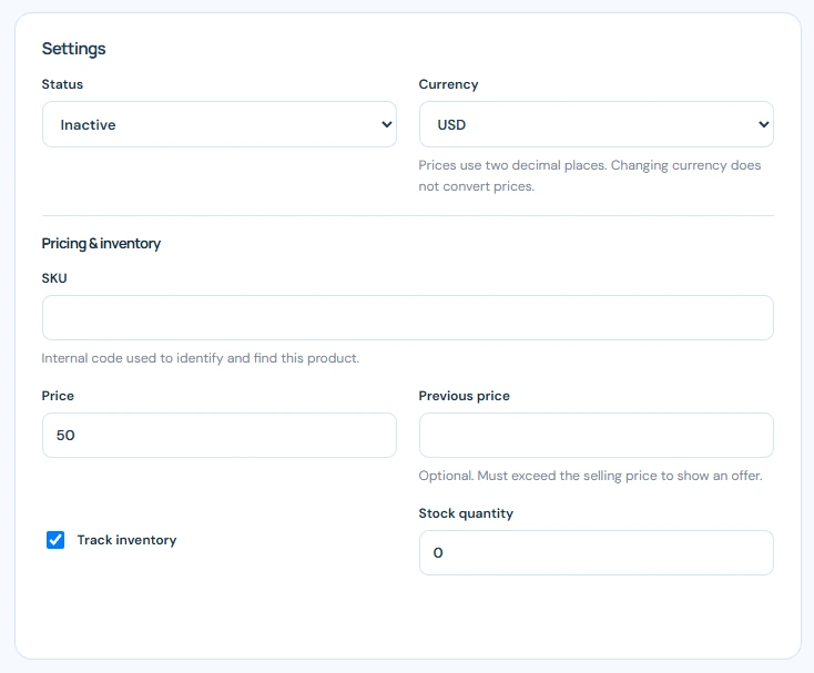 Sitioo Settings and Pricing and inventory section showing status, currency, SKU, price, previous price, inventory tracking and stock quantity.