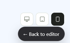 Sitioo responsive preview controls with desktop, tablet, and mobile device buttons and a Back to editor button.