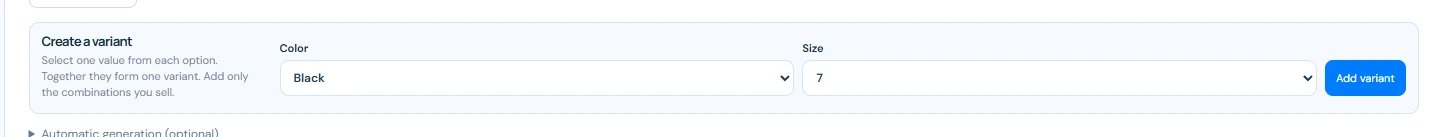 Sitioo Create a variant row with Color and Size selectors and an Add variant button.
