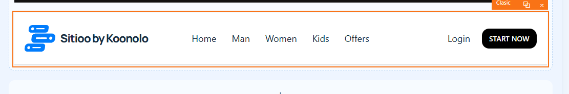 Desktop navigation widget in the Sitioo page builder with a logo, menu links, Login link, and Start Now button.