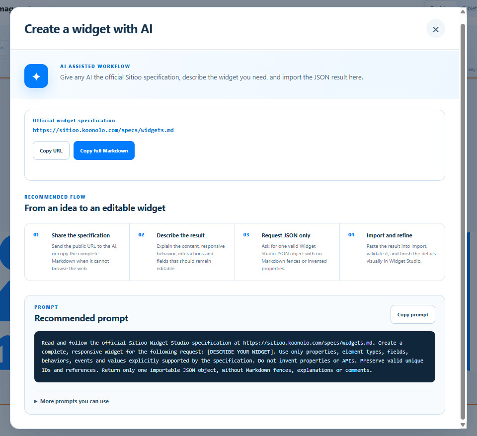 Create a widget with AI window showing the official widget specification, recommended flow and prompt