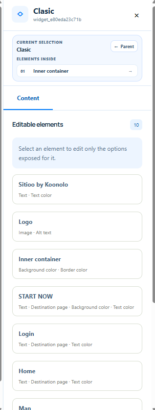 Sitioo widget content editor listing editable elements such as logo, inner container, button, login link, and navigation links.