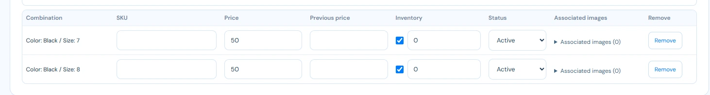 Sitioo variant table with Black size 7 and Black size 8 rows and fields for SKU, price, previous price, inventory, status, associated images and remove.