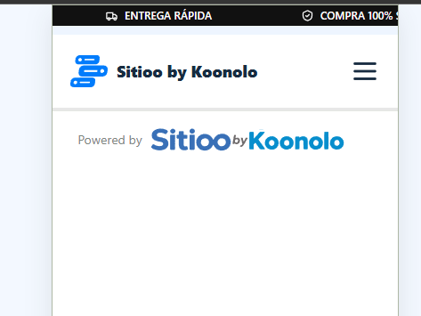 Mobile preview of a Sitioo store page with announcement bar, logo, hamburger menu, and Powered by Sitioo footer.