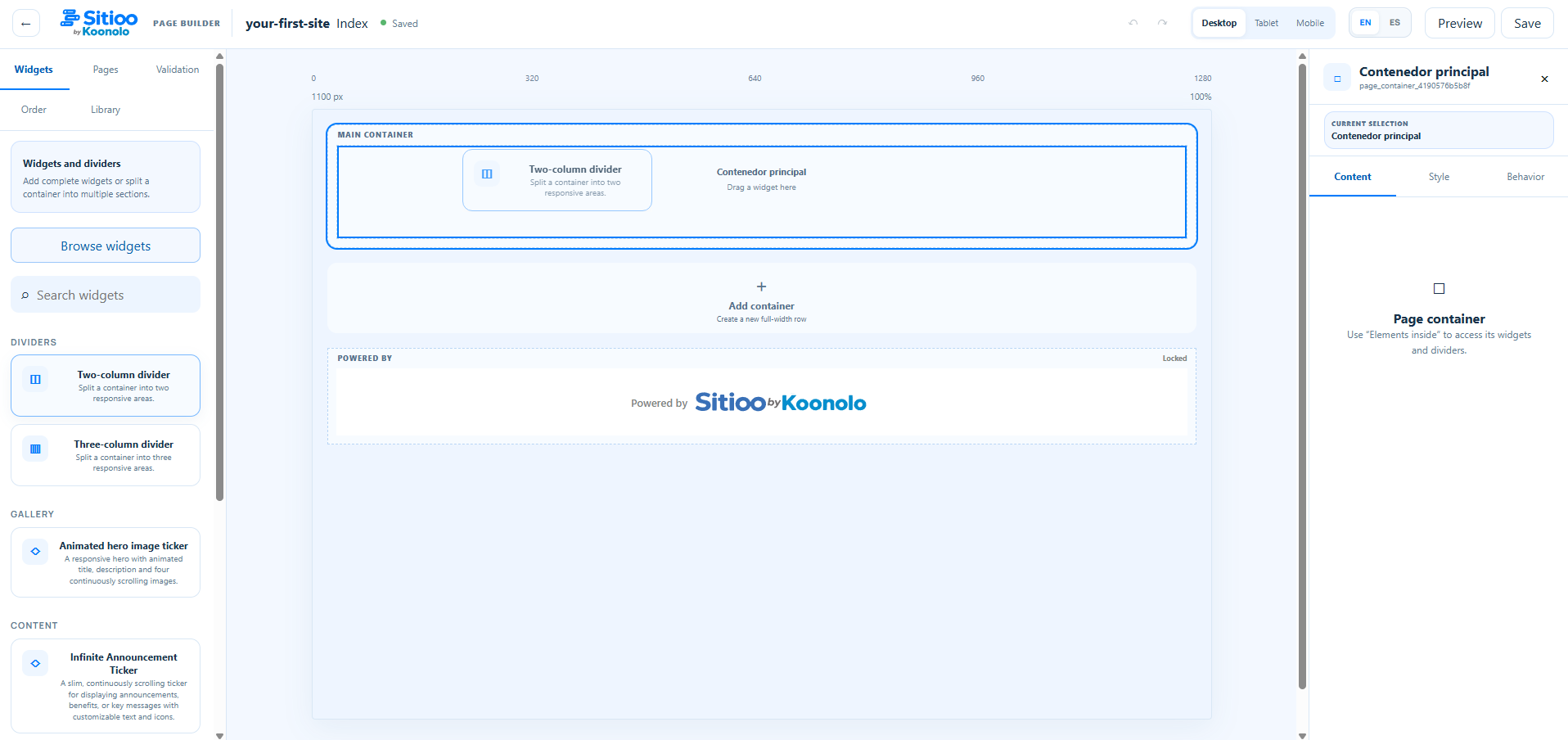 Sitioo Page Builder with the widget library on the left, the page canvas in the center, and element settings on the right.