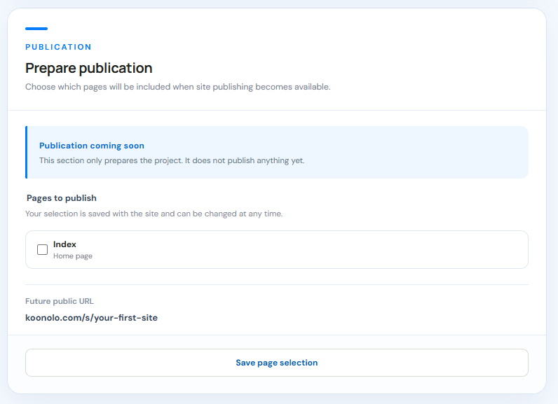 Sitioo publication preparation panel with an Index page checkbox, future public URL, and Save page selection button.
