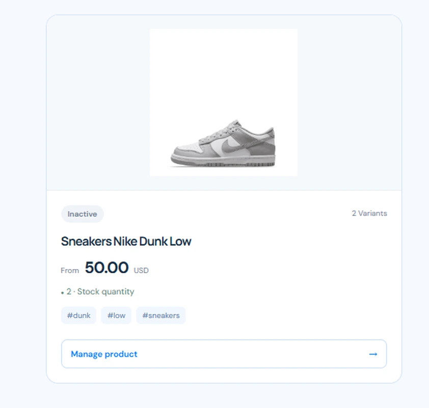 Sitioo catalog product card showing an inactive sneaker product, two variants, product image, starting price, stock information, tags and Manage product button.
