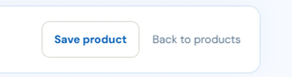 Sitioo footer showing Save product and Back to products buttons.