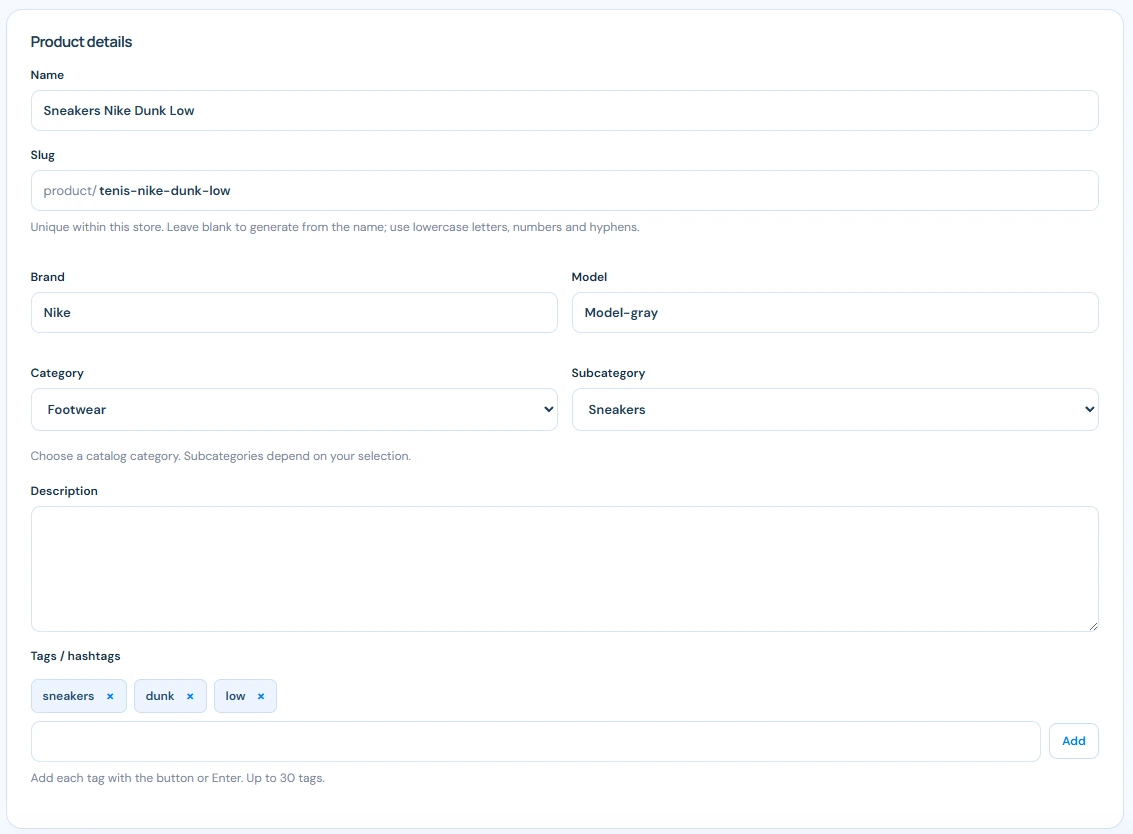 Product details form in Sitioo showing name, slug, brand, model, category, subcategory, description and tags.